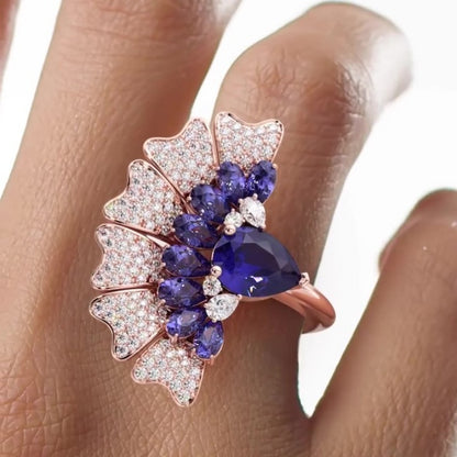 Jzora handmade peacock-inspired fan-like fantasy sterling silver cocktail ring