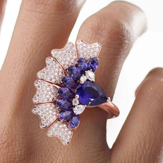 Jzora handmade peacock-inspired fan-like fantasy sterling silver cocktail ring