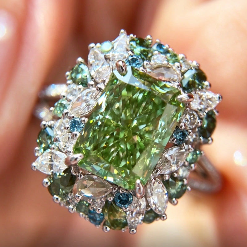 Jzora Handmade 3CT L-Green Radiant Cut Blue-Green Floral Halo Ring