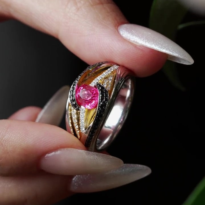 Jzora Handmade Ruby Cushion Cut with Black Unique Ring