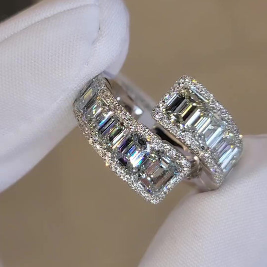 Jzora handmade modern emerald cut halo sterling silver ring