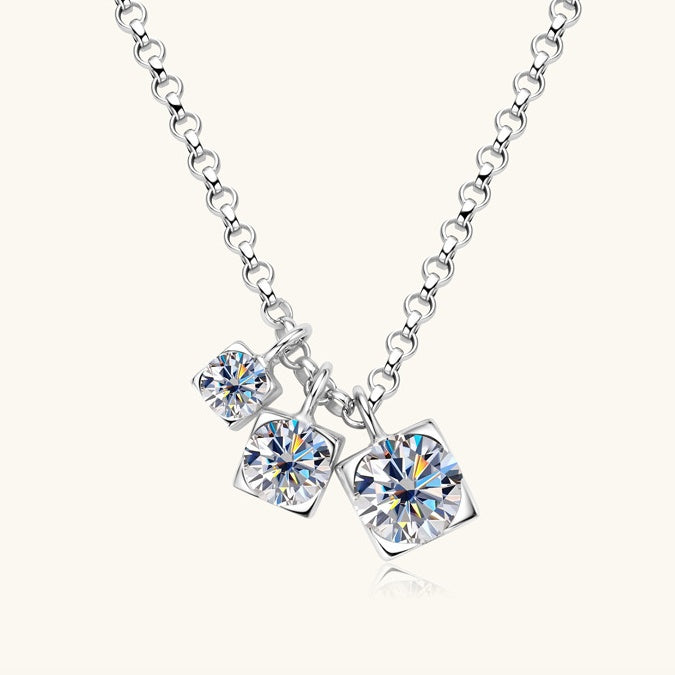 Jzora handmade 0.9ct round cut glamorous three-stone moissanite sterling silver necklace