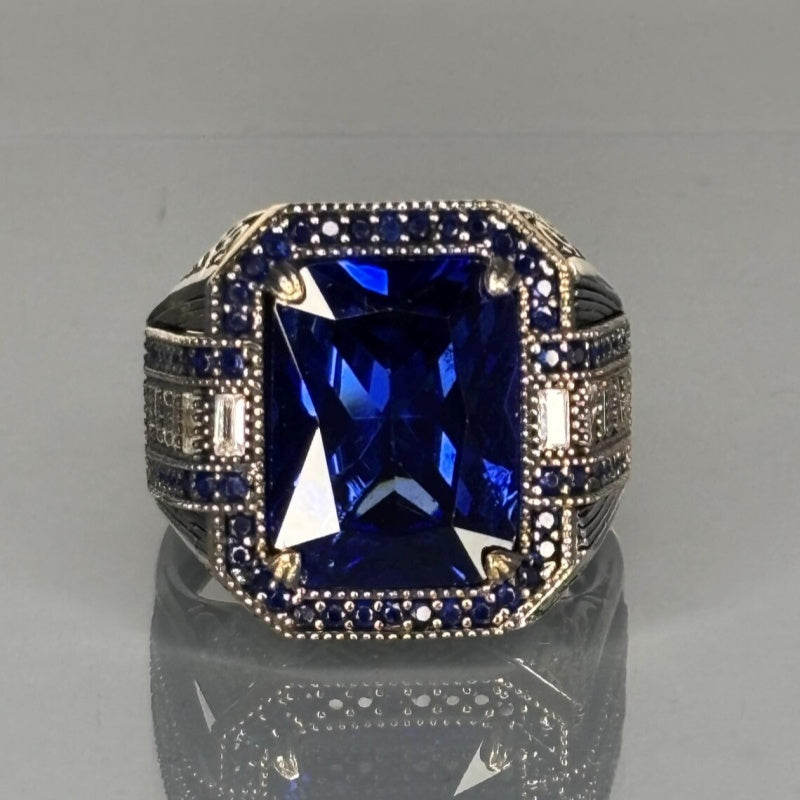 Jzora handmade vintage-style radiant cut blue sapphire men’s ring