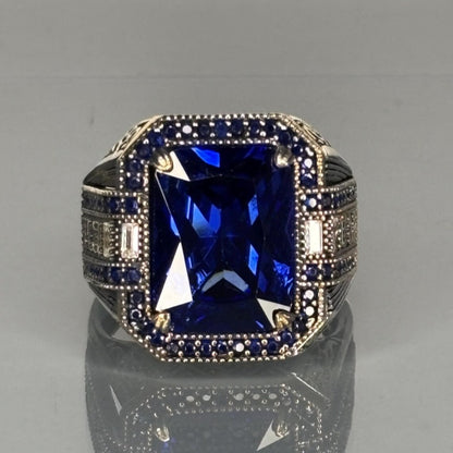 Jzora handmade vintage-style radiant cut blue sapphire men’s ring