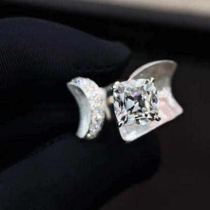 Jzora handmade eclipse wave cushion cut  polished & brushed texture open band moissanite sterling silver ring