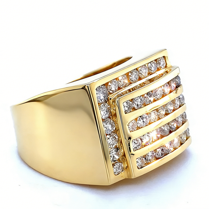 Jzora Handmade Multiple Tiers Channel Set Round CZ Angled Men's Band Ring