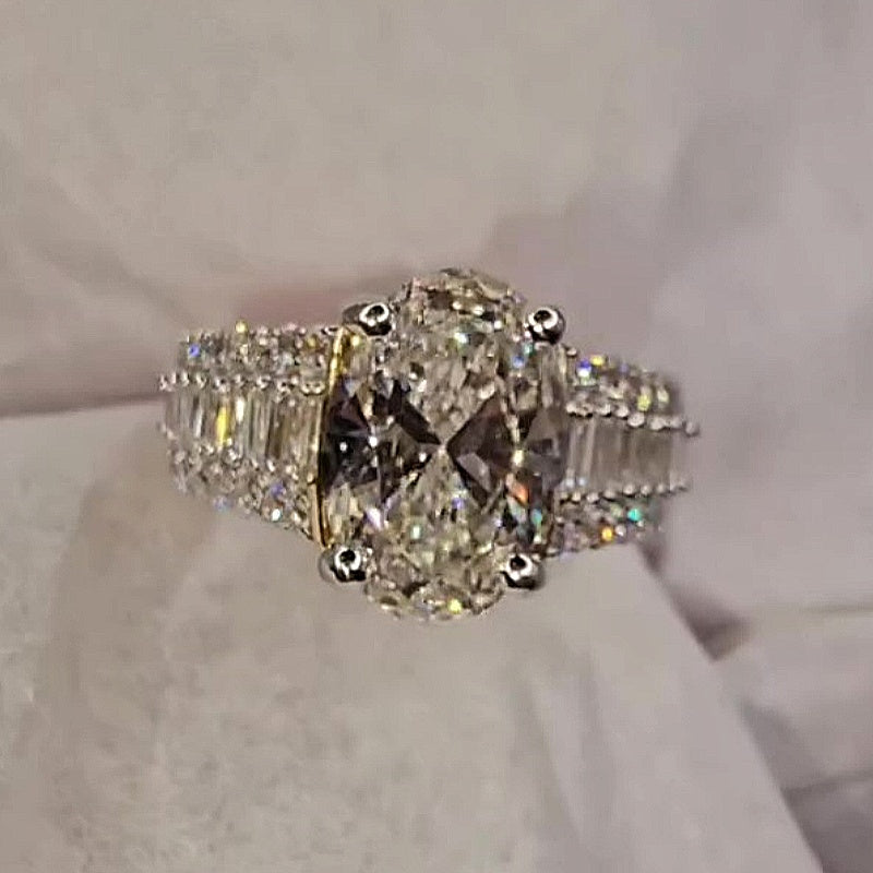 Jzora handmade classic 4ct oval cut baguette pavé sparkling ring