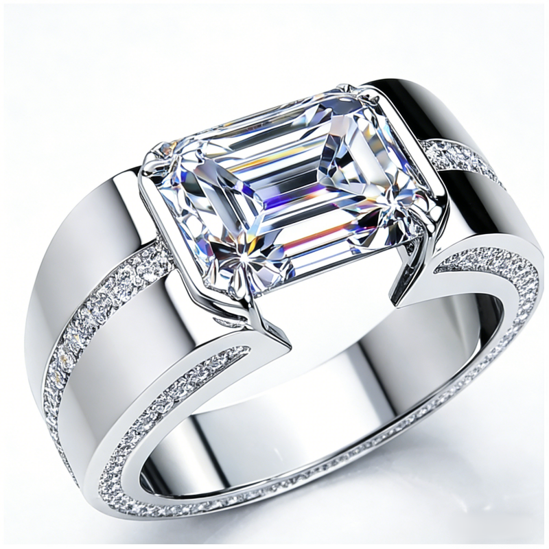 Jzora handmade precision-set 3ct emerald-cut statement men's band ring