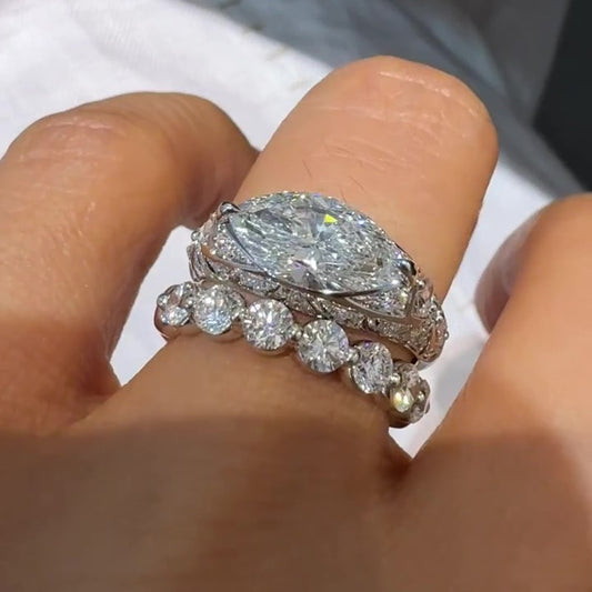 Jzora Handmade Women's Vintage Marquise Cut Promise 2PCS Ring Set