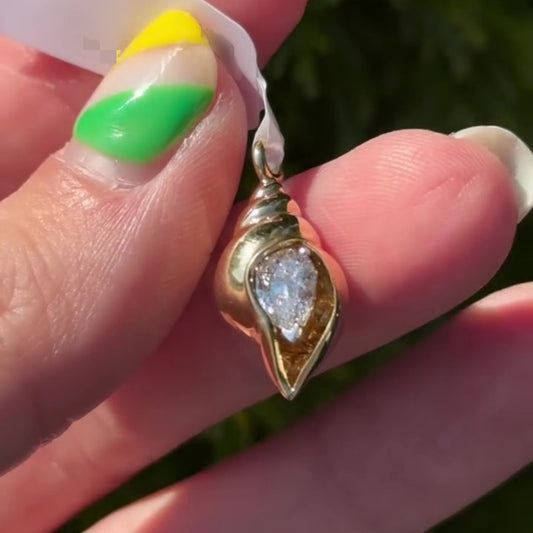 Jzora handmade golden seashell pendant with 0.62ct pear cut sparkle sterling silver necklace