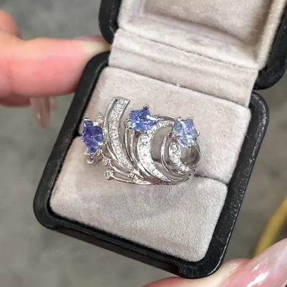 Jzora Handmade Curved Open Star-Shaped Blue Stone Ring