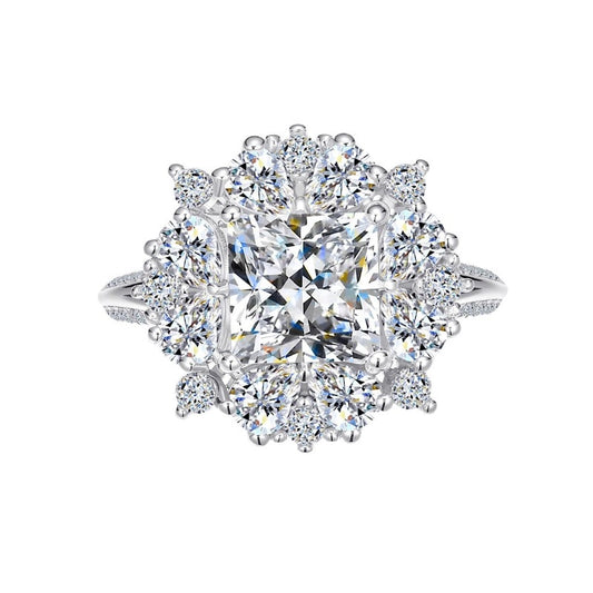 Jzora handmade 2ct princess cut moissanite floral-inspired halo sterling silver ring