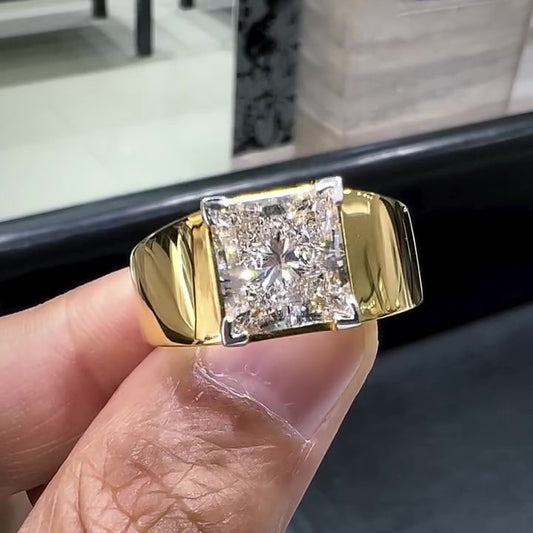 Jzora handmade gold-color 4.5ct moissanite princess cut sterling silver men's ring