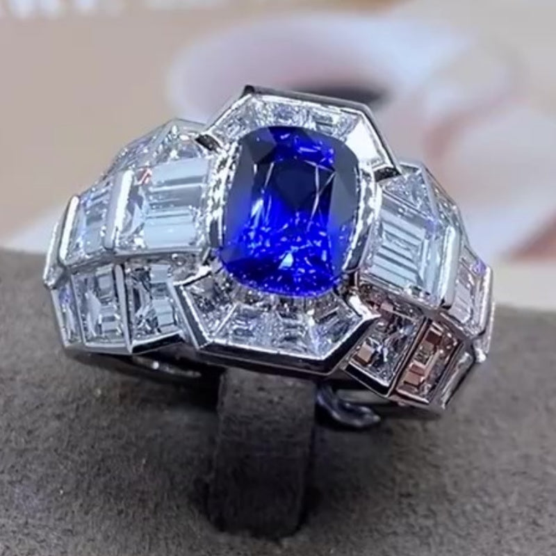 Jzora handmade luxury cushion cut blue sapphire & baguette cz men's ring