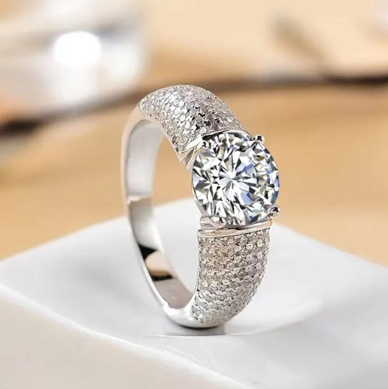 Jzora handmade 2ct round cut moissanite timeless glamour sterling silver men's band