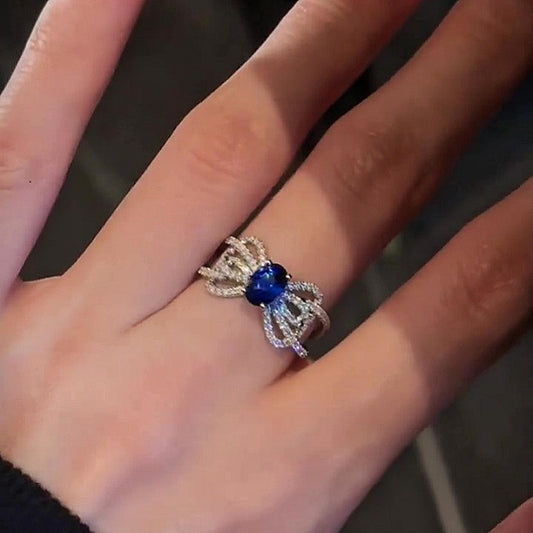 Jzora handmade feminine ribbon-inspired sapphire-tone bow pavé statement ring