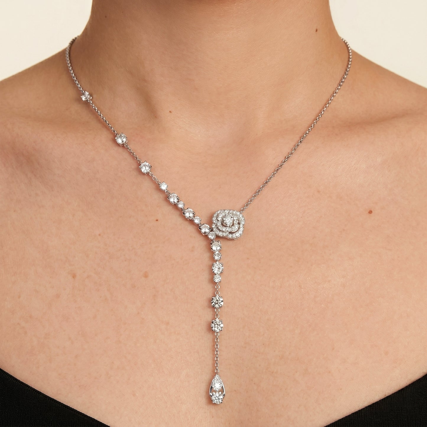Jzora Handmade Elegant Pave CZ Camellia Flower Y-Drop Lariat Adjustable Necklace