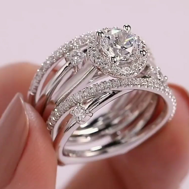 Jzora handmade created diamond round cut 2 pcs sterling silver wedding ring bridal set