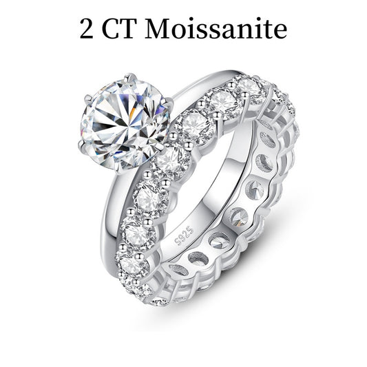 Jzora handmade 2ct round cut exquisite moissanite sterling silver wedding 2pcs ring set