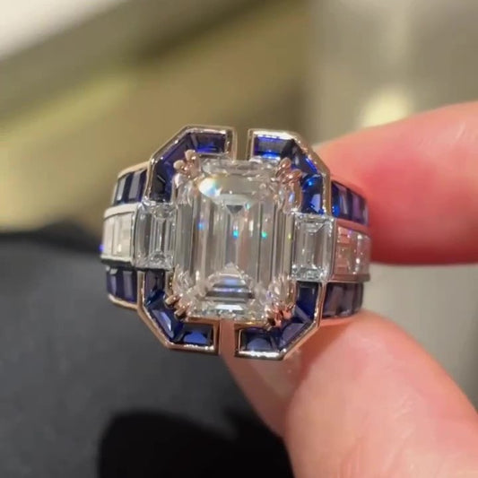 Jzora Handmade Classic Emerald Cut with Sapphire Accents Men's Ring