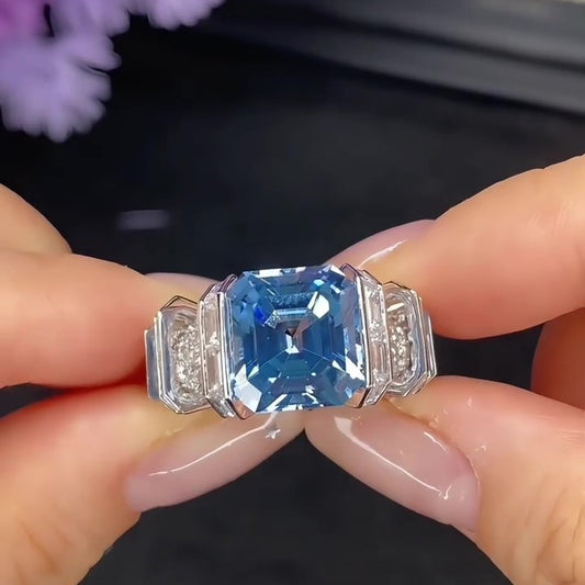 Jzora Handmade L_Sapphire Blue Asscher Cut  Luxury Ring