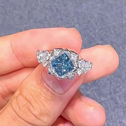 Jzora handmade sparkling aqua blue & white stone floral halo sterling silver ring