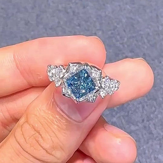 Jzora handmade sparkling aqua blue & white stone floral halo sterling silver ring