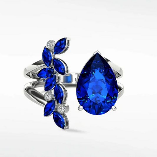 Jzora Handmade Dainty Pear Blue Sapphire CZ Marquise Leaf Open Split Shank Cocktail Ring