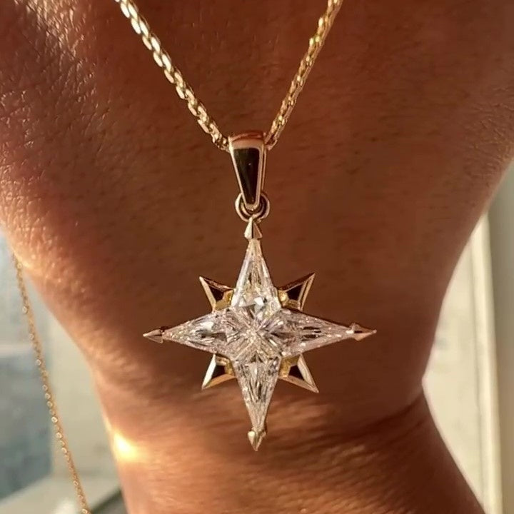 Jzora Handmade Sparkling Starburst Gold Tone Four-Point Star Necklace