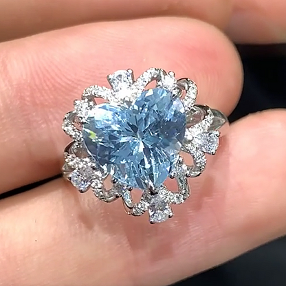 Jzora Handmade Dreamy Lace Halo Heart Cut Blue Moissanite Fashion Ring
