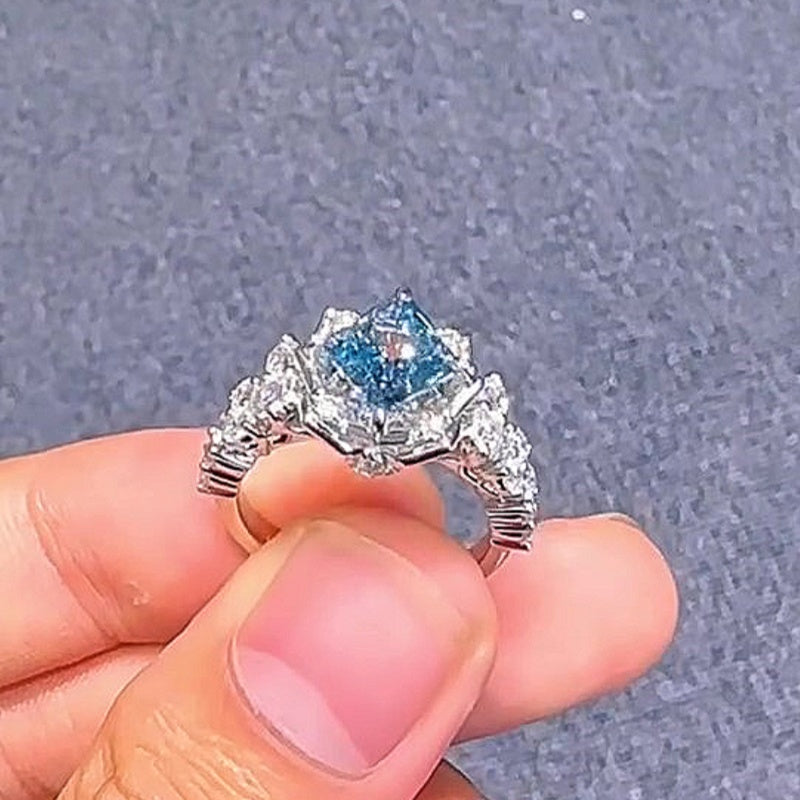 Jzora handmade sparkling aqua blue & white stone floral halo sterling silver ring