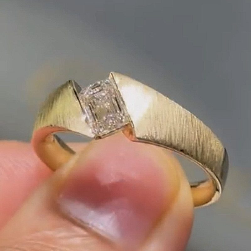 Jzora Handmade Modern Classic Emerald Cut Moissanite Brushed Gold Tone Men's Band Ring