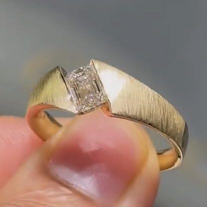 Jzora Handmade Modern Classic Emerald Cut Moissanite Brushed Gold Tone Men's Band Ring