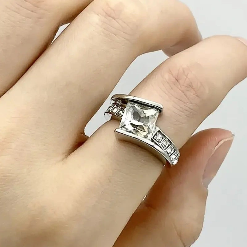 Jzora handmade princess cut modern architectural style sterling silver ring