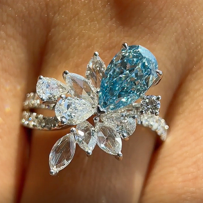 Jzora Handmade Aqua Blue Pear‑Cut Zircon Floral Cluster Fashion Ring