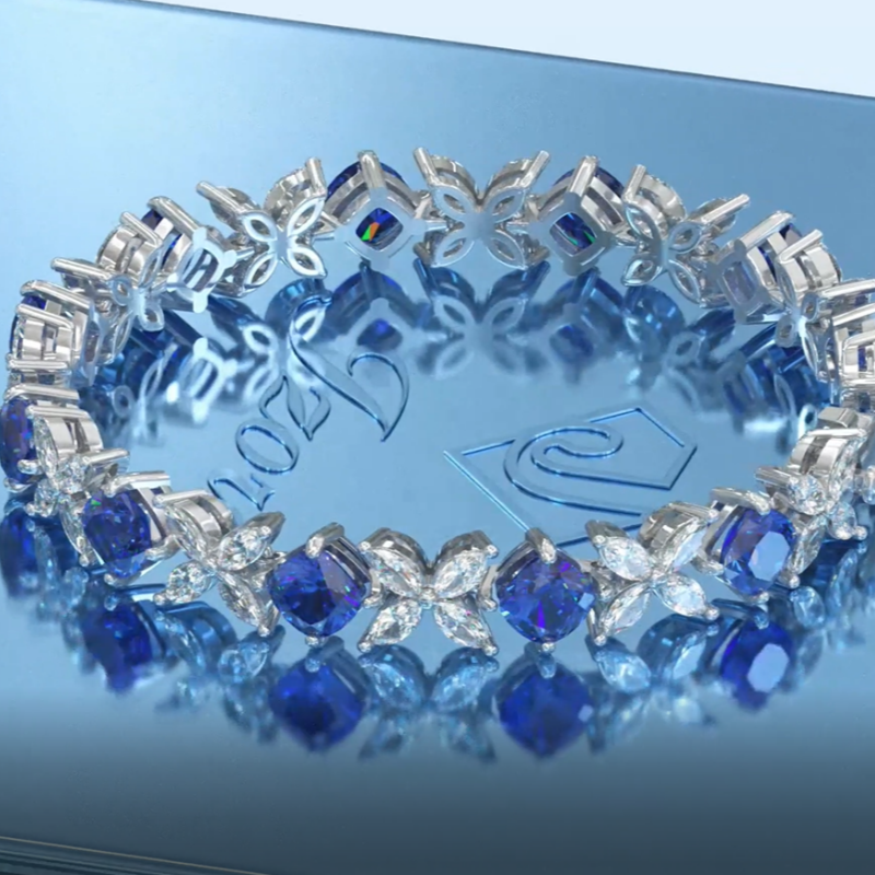 Jzora Handmade Four‑Leaf Floral Cushion‑Cut Sapphire Blue Alternating Link Bracelet