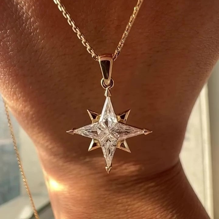 Jzora Handmade Sparkling Starburst Gold Tone Four-Point Star Necklace