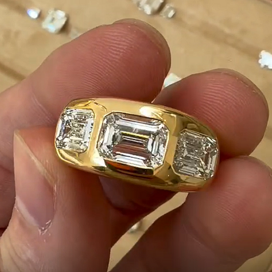 Jzora Handmade 6CT Three Stone Emerald Cut Moissanite Vintage Bombe Men's Ring