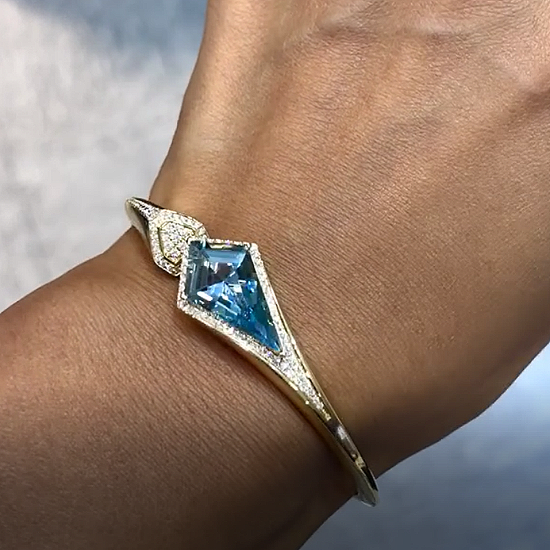 Jzora Handmade Asymmetric Shield-Cut Aqua Blue Open Cuff Bracelet