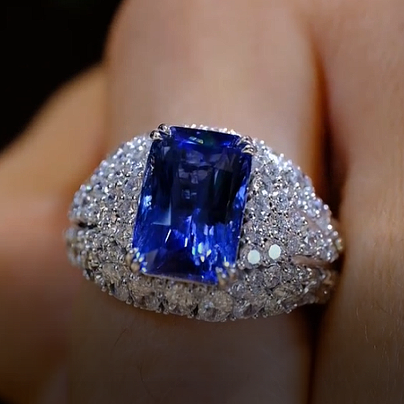 Jzora Handmade 4.8CT Royal Blue Radiant Cut Full Pavé Halo Bold Vintage Ring