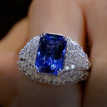 Jzora Handmade 4.8CT Royal Blue Radiant Cut Full Pavé Halo Bold Vintage Ring