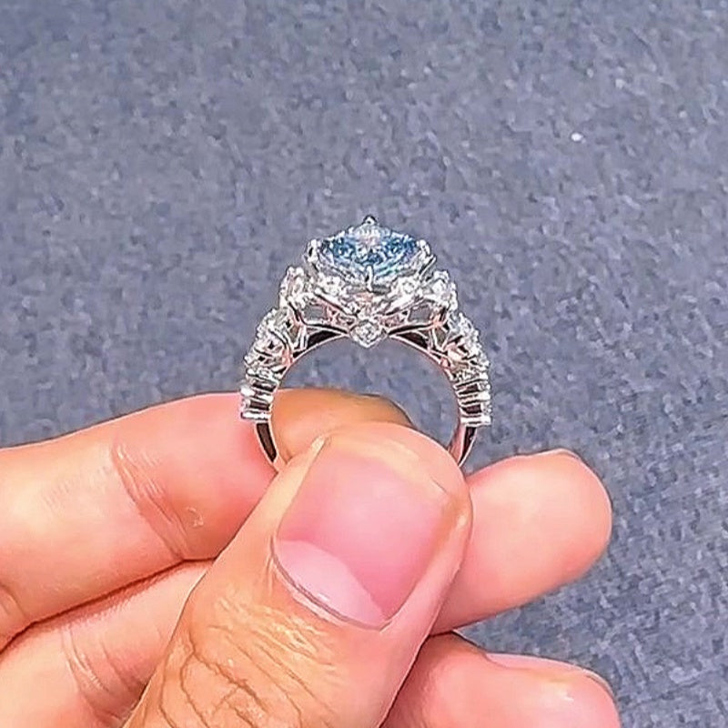 Jzora handmade sparkling aqua blue & white stone floral halo sterling silver ring