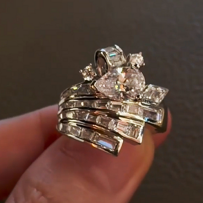 Jzora Handmade Pear‑Cut Multi‑Layer Swirling Baguette Pave Statement Ring