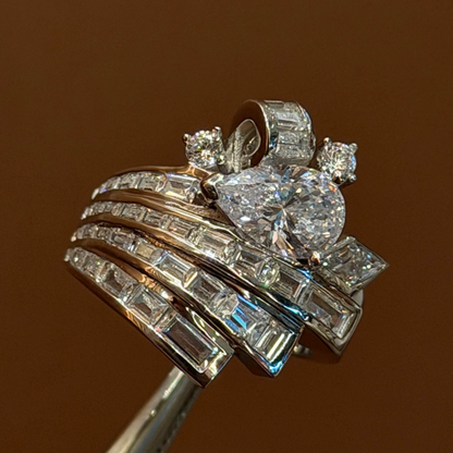 Jzora Handmade Pear‑Cut Multi‑Layer Swirling Baguette Pave Statement Ring