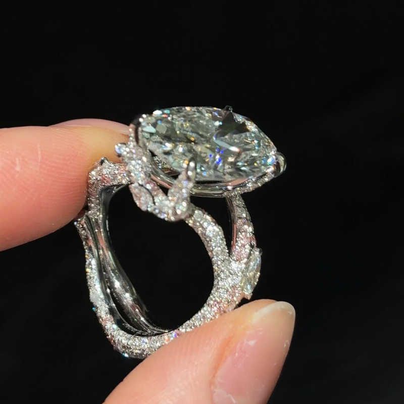 Jzora Handmade Oval-Cut CZ Twisted Vine Pavé Sterling Silver Ring