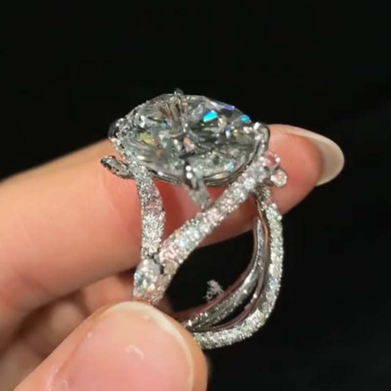 Jzora Handmade Oval-Cut CZ Twisted Vine Pavé Sterling Silver Ring