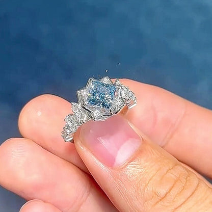 Jzora handmade sparkling aqua blue & white stone floral halo sterling silver ring