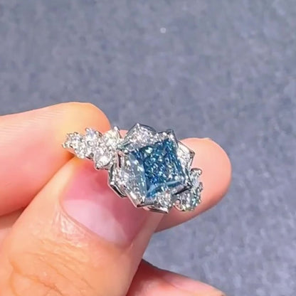 Jzora handmade sparkling aqua blue & white stone floral halo sterling silver ring