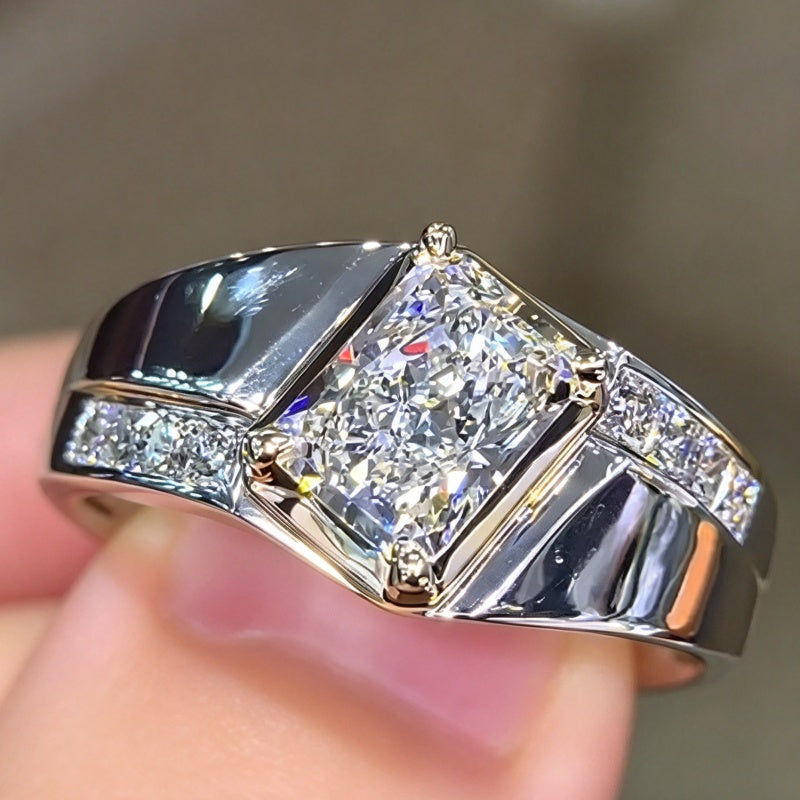Jzora Handmade Modern Geometric Radiant-Cut Moissanite Bezel Set Men's Ring