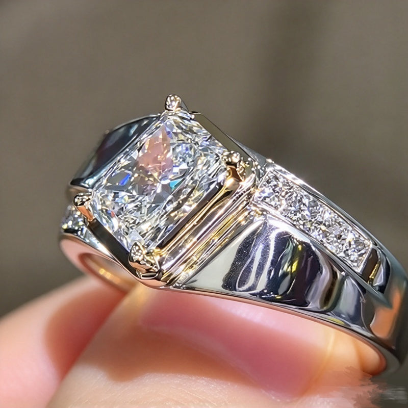 Jzora Handmade Modern Geometric Radiant-Cut Moissanite Bezel Set Men's Ring